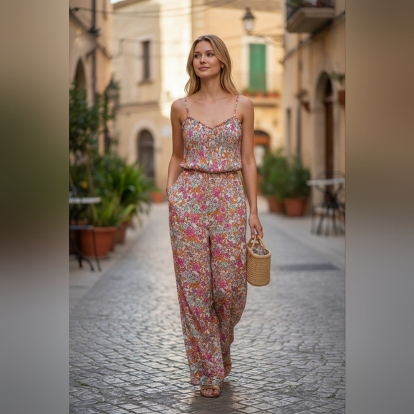 Pink Lily Floral Smocked Wide Leg Jumpsuit S Boho Spring Summer - Picture 1 of 4